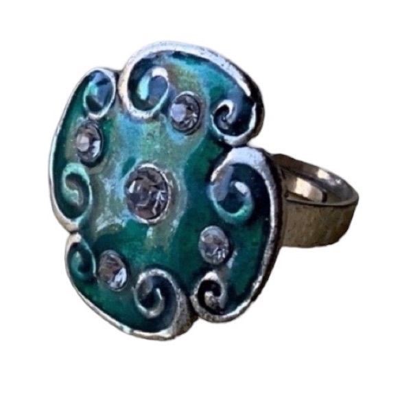 unmarked Jewelry - Clover Green Sparkling Enamel Clear Cut Rhinestone Adjustable Fashion Ring